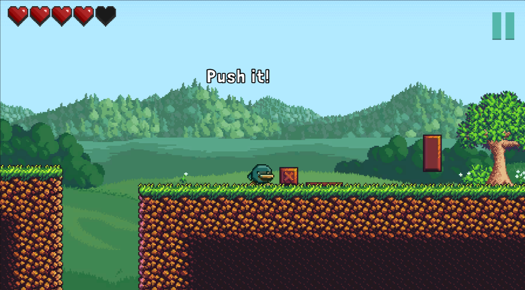 YuliGame gameplay: pushing a crate across a grassy ledge